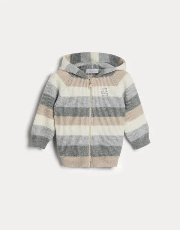 Brunello Cucinelli Baby Bernie-Cardigan aus gestreiftem Kaschmirstrick mit Reißverschluss und Kapuze | Kinder Newborn (0-24 Monate)