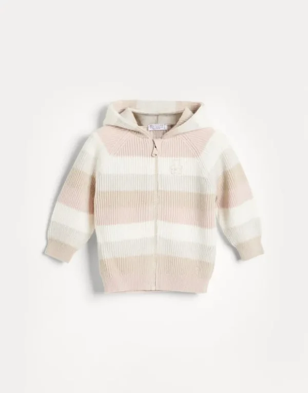 Brunello Cucinelli Baby Bernie-Cardigan aus gestreiftem Kaschmirstrick mit Reißverschluss und Kapuze | Kinder Newborn (0-24 Monate)