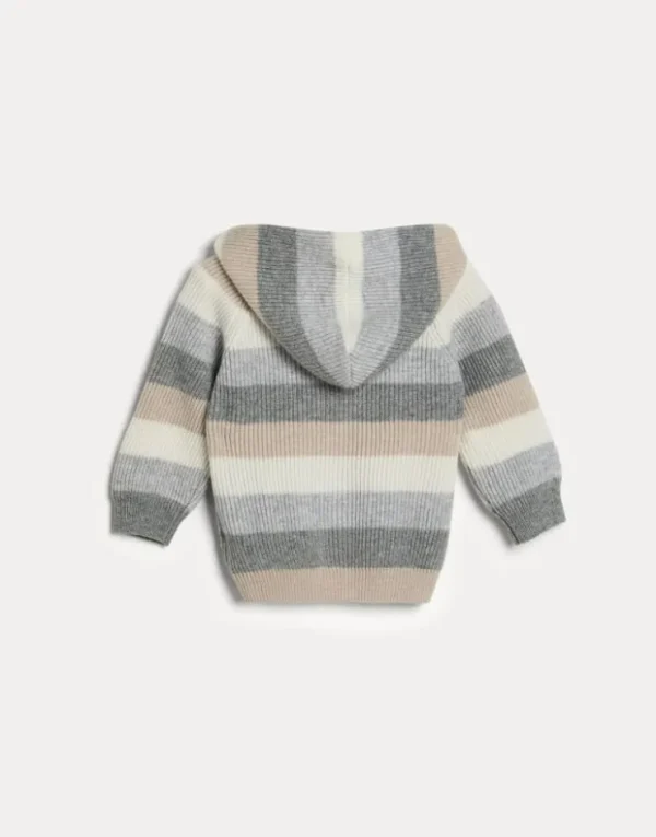 Brunello Cucinelli Baby Bernie-Cardigan aus gestreiftem Kaschmirstrick mit Reißverschluss und Kapuze | Kinder Newborn (0-24 Monate)