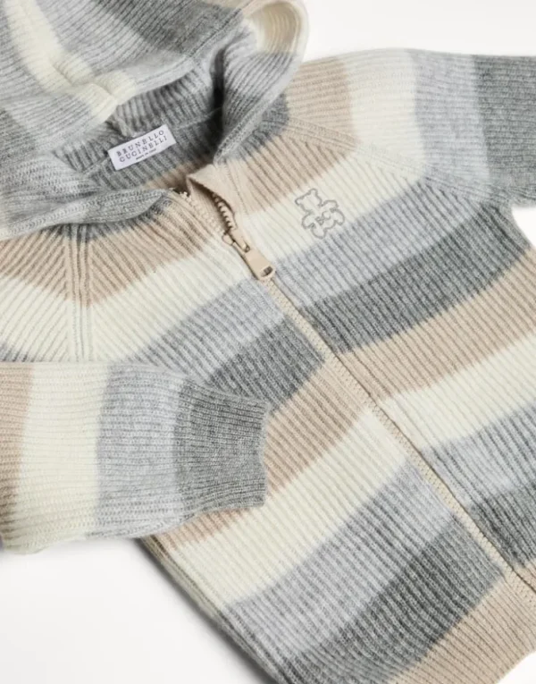 Brunello Cucinelli Baby Bernie-Cardigan aus gestreiftem Kaschmirstrick mit Reißverschluss und Kapuze | Kinder Newborn (0-24 Monate)