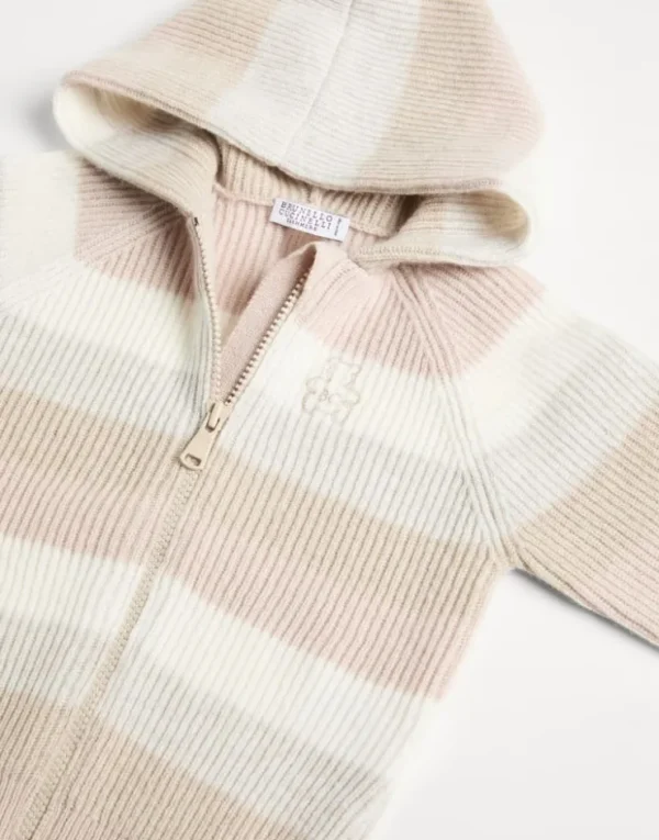 Brunello Cucinelli Baby Bernie-Cardigan aus gestreiftem Kaschmirstrick mit Reißverschluss und Kapuze | Kinder Newborn (0-24 Monate)