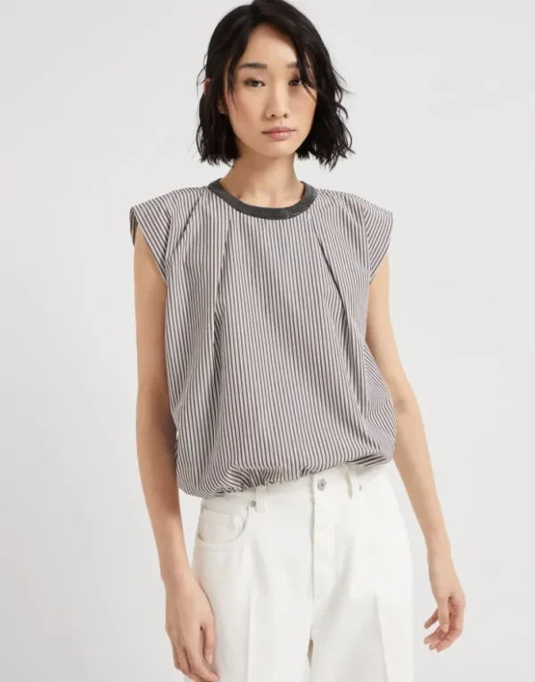 Brunello Cucinelli Balloon-Top aus gestreifter Baumwollpopeline mit Precious Collar | Damen T-shirts & Tops