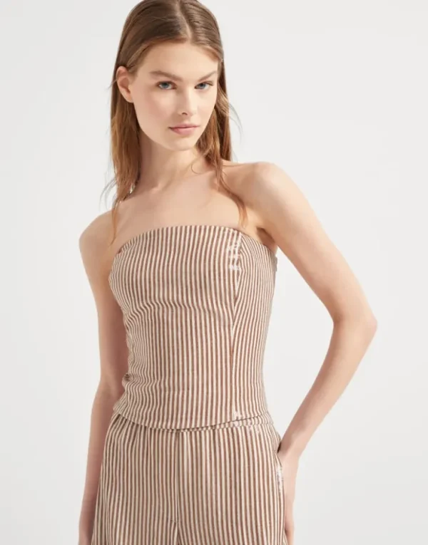 Brunello Cucinelli Bandeau-Top aus Leinen mit Dazzling Stripe Embroidery | Damen T-shirts & Tops