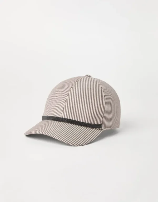 Brunello Cucinelli Baseballcap aus gestreiftem Twill in Baumwolle und Leinen mit Shiny Band | Damen Hüte