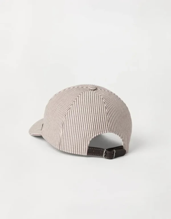 Brunello Cucinelli Baseballcap aus gestreiftem Twill in Baumwolle und Leinen mit Shiny Band | Damen Hüte