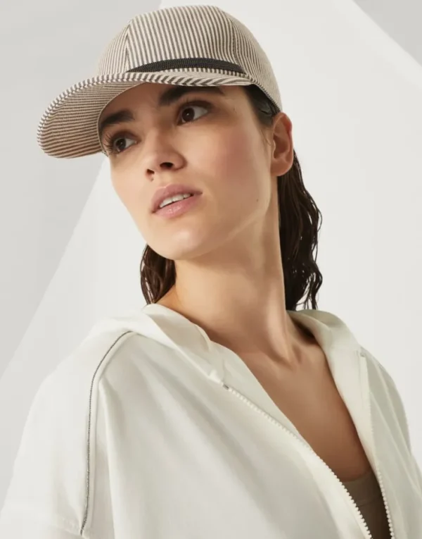 Brunello Cucinelli Baseballcap aus gestreiftem Twill in Baumwolle und Leinen mit Shiny Band | Damen Hüte