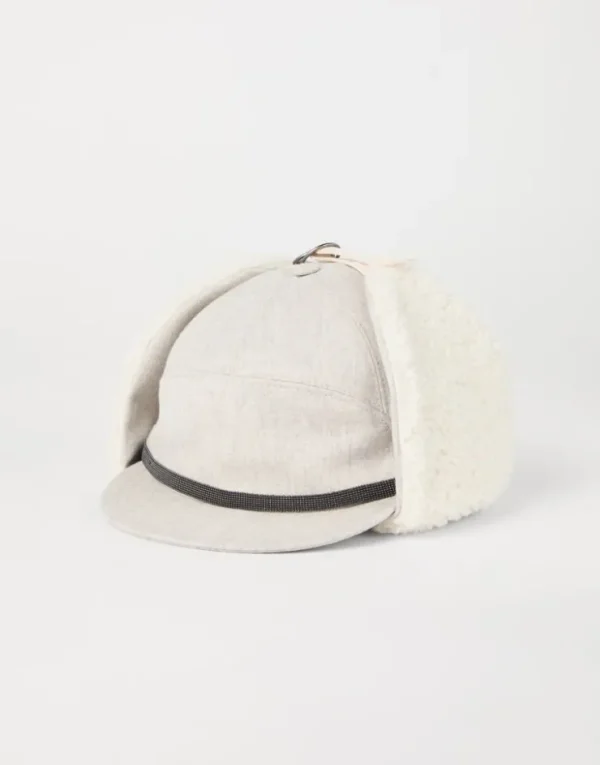 Brunello Cucinelli Baseballcap aus Schurwollflanell mit Ohrenklappen, Shearling-Futter und Shiny Band | Damen Hüte