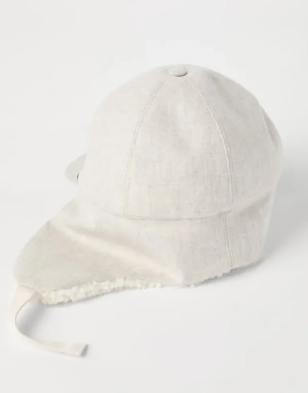 Brunello Cucinelli Baseballcap aus Schurwollflanell mit Ohrenklappen, Shearling-Futter und Shiny Band | Damen Hüte