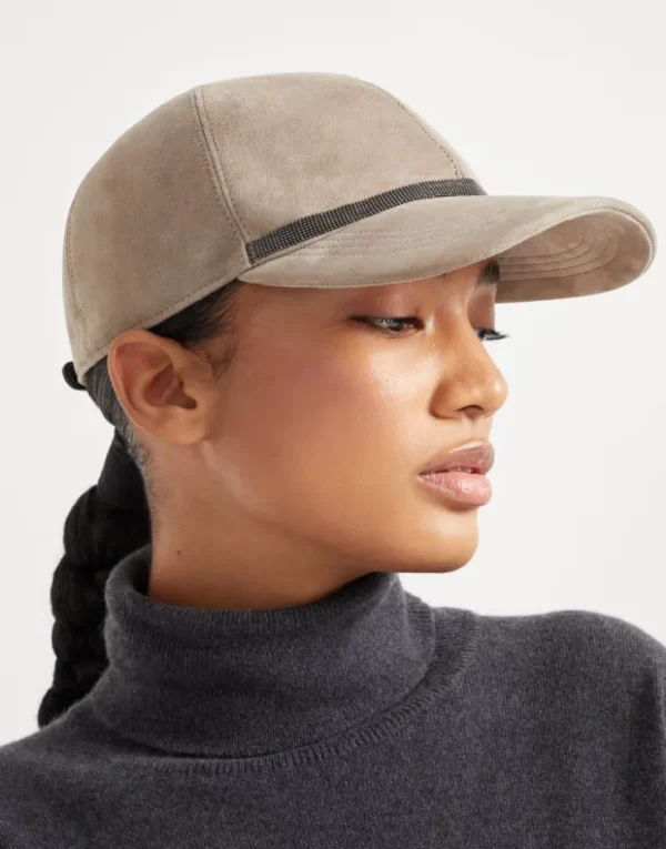 Brunello Cucinelli Baseballcap aus Veloursleder mit Shiny Trim | Damen Hüte