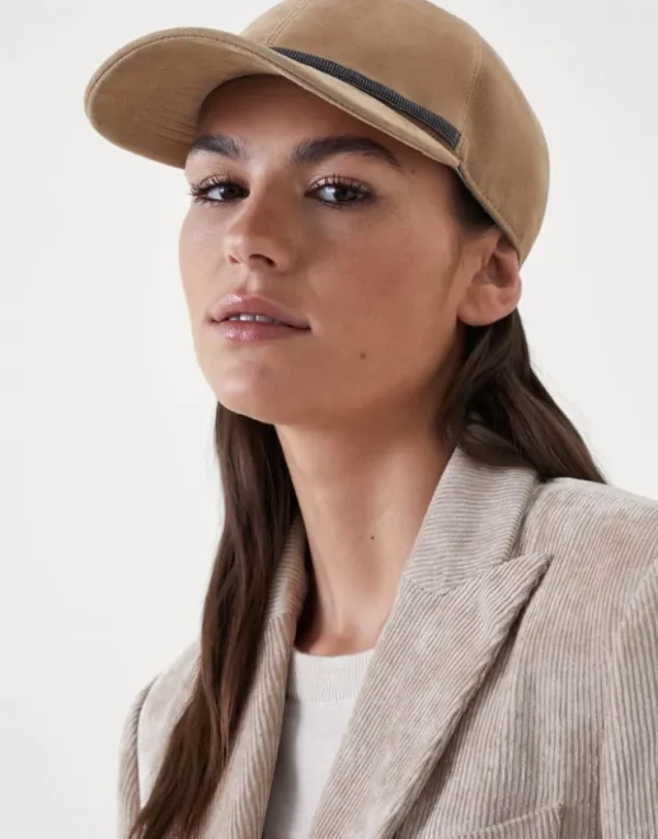 Brunello Cucinelli Baseballcap aus Veloursleder mit Shiny Trim | Damen Hüte