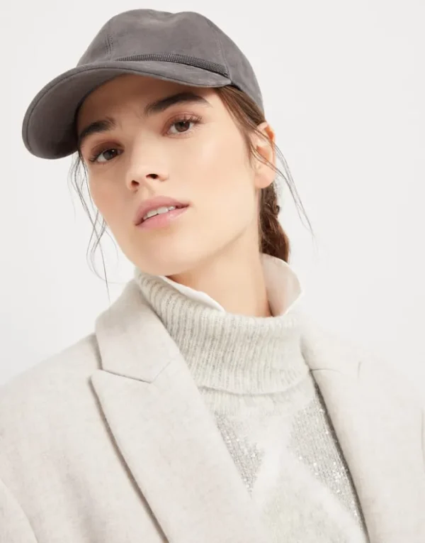 Brunello Cucinelli Baseballcap aus Veloursleder mit Shiny Trim | Damen Hüte