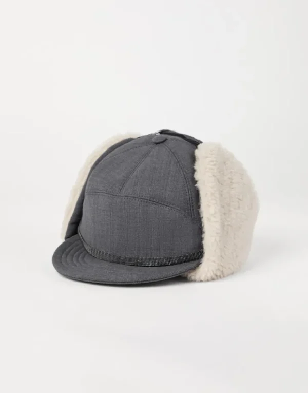 Brunello Cucinelli Baseballcap in Tropical Luxury-Wolle mit Ohrenklappen, Shearling-Futter und Shiny Band | Damen Hüte