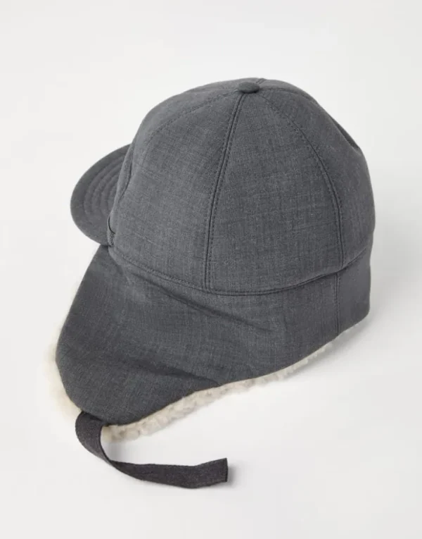 Brunello Cucinelli Baseballcap in Tropical Luxury-Wolle mit Ohrenklappen, Shearling-Futter und Shiny Band | Damen Hüte