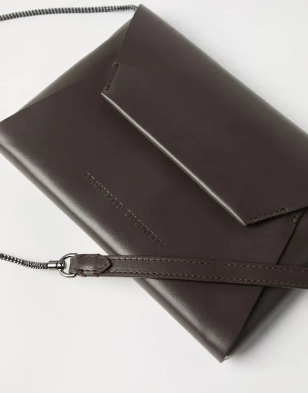 Brunello Cucinelli BC Duo Pochette aus genarbtem Kalbsleder mit Precious Chain | Damen Kleinleder