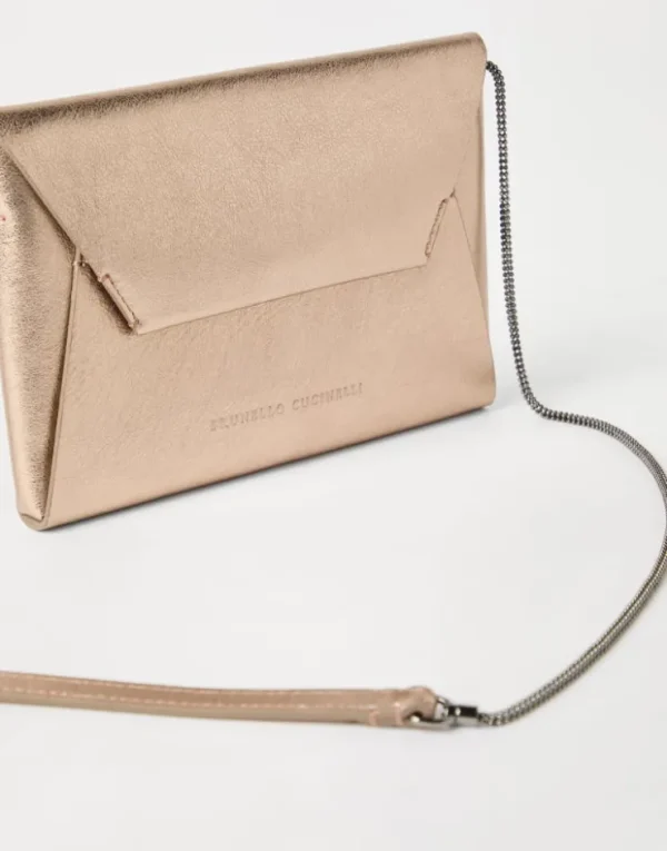 Brunello Cucinelli BC Duo Pochette aus Lamé-Kalbsleder mit Precious Chain | Damen Kleinleder