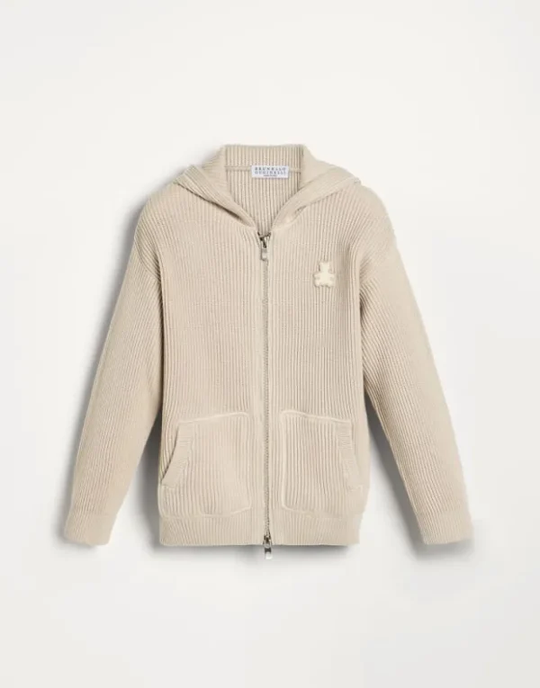 Brunello Cucinelli Bernie-Cardigan aus Baumwolle in Patentstrick mit Kapuze und Reißverschluss | Kinder Kleidung (2-6 Jahre)