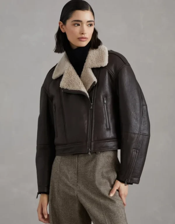 Brunello Cucinelli Bikerjacke aus gewachstem Shearling mit Shiny Details | Damen Mäntel & Jacken