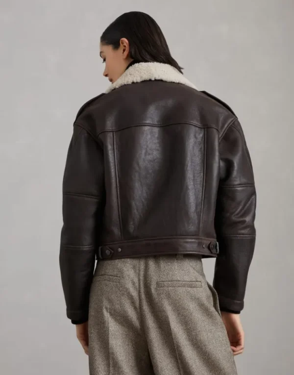 Brunello Cucinelli Bikerjacke aus gewachstem Shearling mit Shiny Details | Damen Mäntel & Jacken