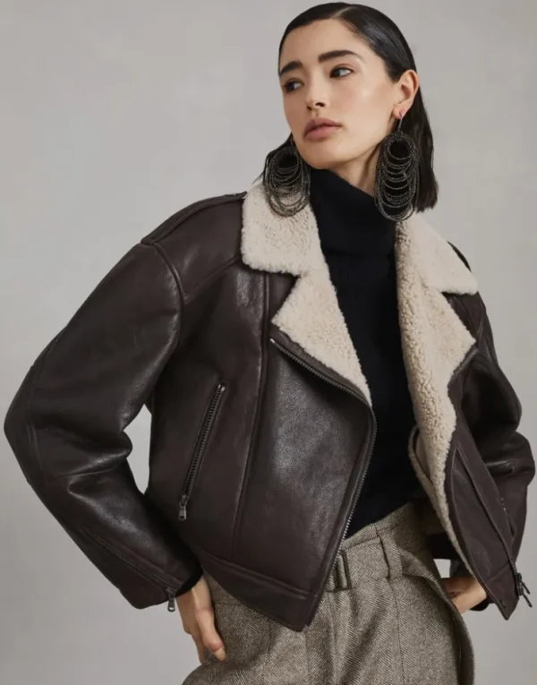 Brunello Cucinelli Bikerjacke aus gewachstem Shearling mit Shiny Details | Damen Mäntel & Jacken