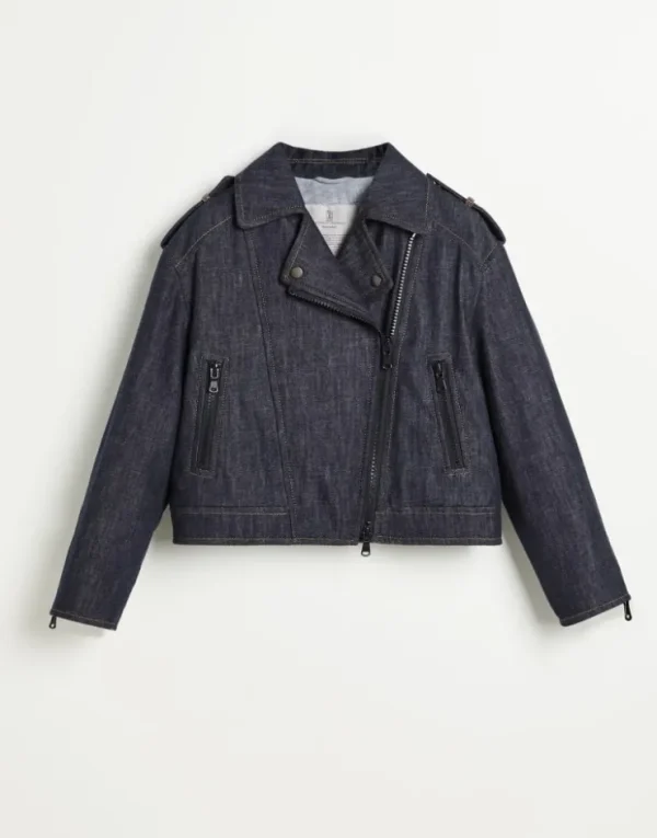 Brunello Cucinelli Bikerjacke aus No-Fade-Denim mit Wattierung in Thermore® und Monili | Kinder Mäntel & Jacken