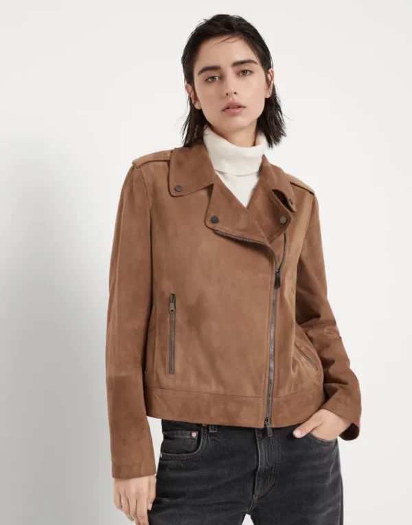 Brunello Cucinelli Bikerjacke aus Veloursleder mit Monili | Damen Mäntel & Jacken