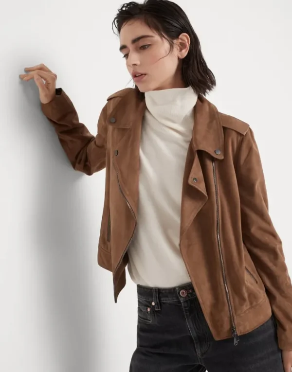 Brunello Cucinelli Bikerjacke aus Veloursleder mit Monili | Damen Mäntel & Jacken