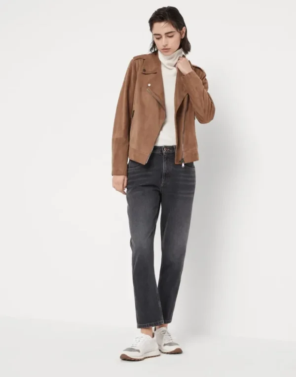 Brunello Cucinelli Bikerjacke aus Veloursleder mit Monili | Damen Mäntel & Jacken