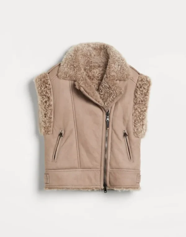 Brunello Cucinelli Bikerweste aus Fleecy-Shearling mit Monili | Kinder Mäntel & Jacken