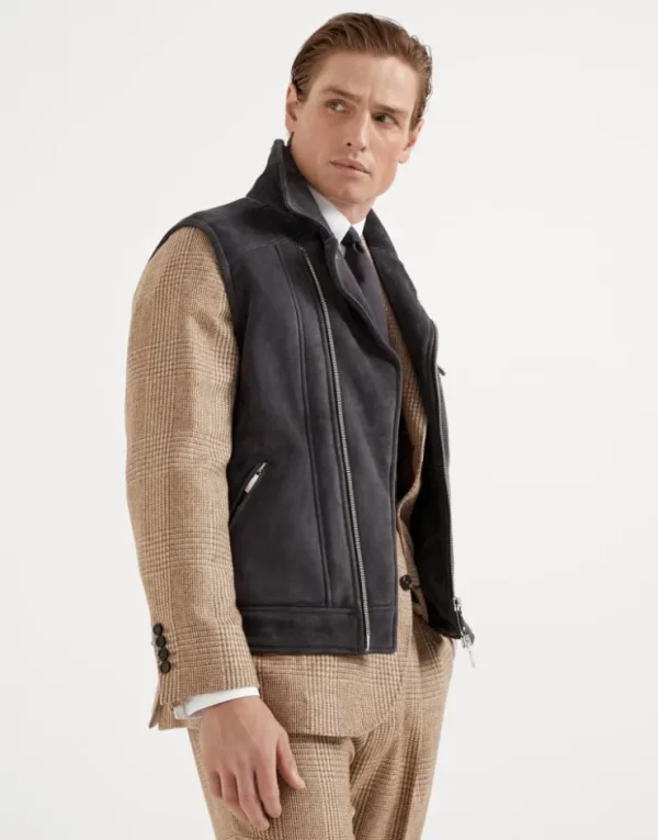 Brunello Cucinelli Bikerweste aus Velours-Shearling | Herren Mäntel & Jacken