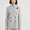 Brunello Cucinelli Blazer aus gestreiftem Twill in Baumwolle und Leinen mit Monili | Damen Blazer