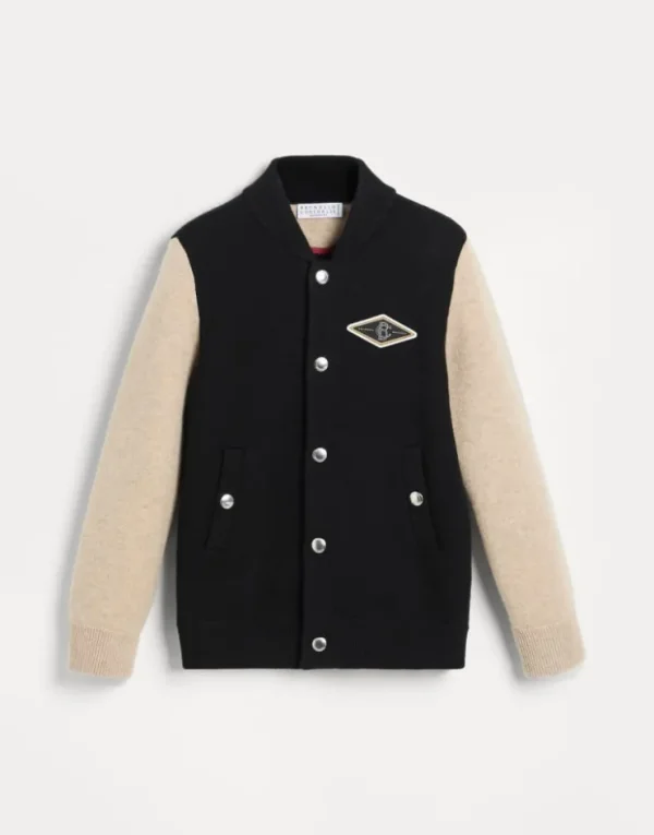 Brunello Cucinelli Blouson aus doppeltem Strick in Schurwolle, Kaschmir und Seide mit Patch | Kinder Travelwear