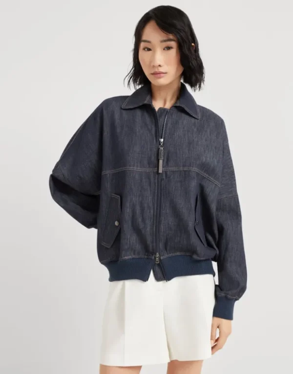 Brunello Cucinelli Blouson aus Twill in Denim-Optik mit Shiny Zipper Pull | Damen Mäntel & Jacken