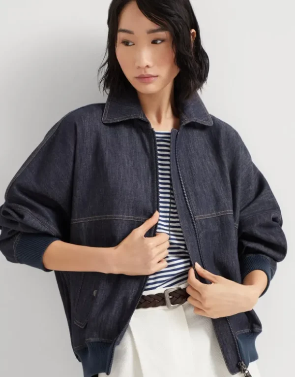 Brunello Cucinelli Blouson aus Twill in Denim-Optik mit Shiny Zipper Pull | Damen Mäntel & Jacken