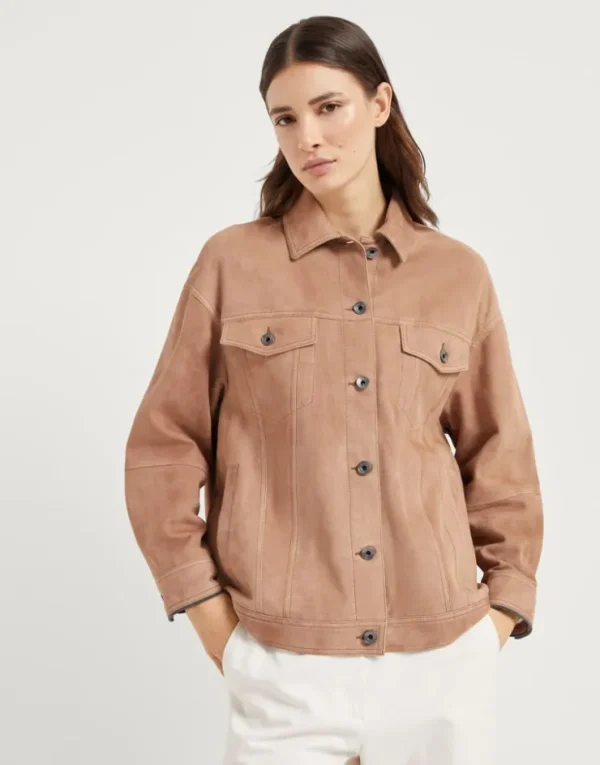 Brunello Cucinelli Blouson mit vier Taschen aus Couture-Veloursleder mit Shiny Cuffs | Damen Mäntel & Jacken