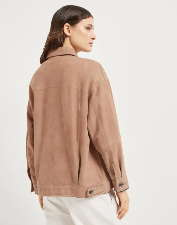 Brunello Cucinelli Blouson mit vier Taschen aus Couture-Veloursleder mit Shiny Cuffs | Damen Mäntel & Jacken