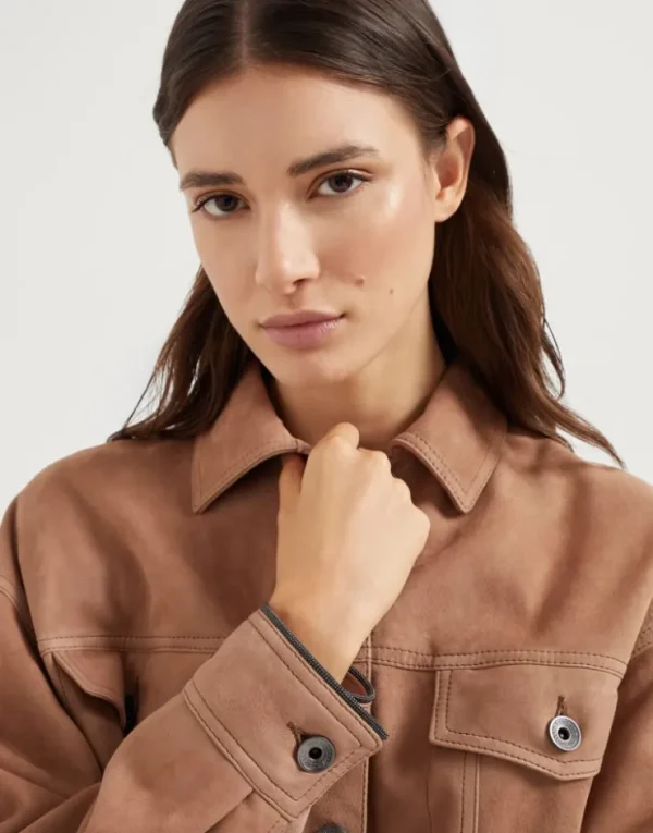 Brunello Cucinelli Blouson mit vier Taschen aus Couture-Veloursleder mit Shiny Cuffs | Damen Mäntel & Jacken