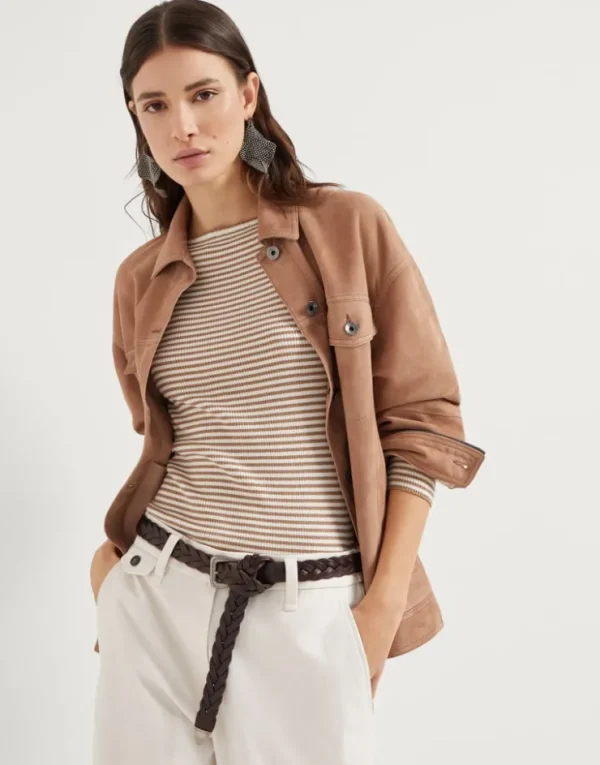 Brunello Cucinelli Blouson mit vier Taschen aus Couture-Veloursleder mit Shiny Cuffs | Damen Mäntel & Jacken