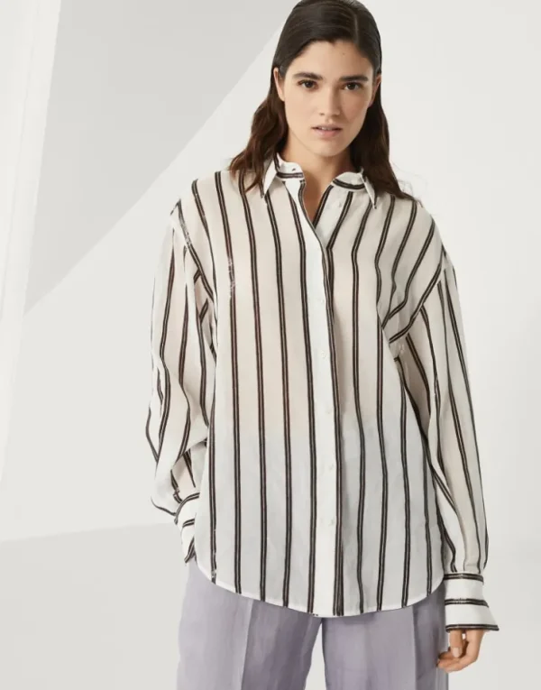 Brunello Cucinelli Bluse aus Baumwollorganza mit Dazzling Stripe Embroidery | Damen Hemden