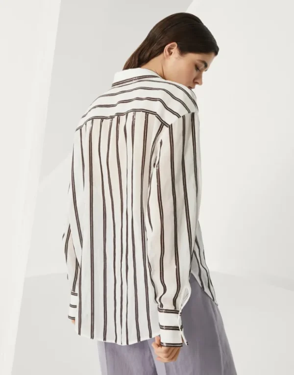 Brunello Cucinelli Bluse aus Baumwollorganza mit Dazzling Stripe Embroidery | Damen Hemden