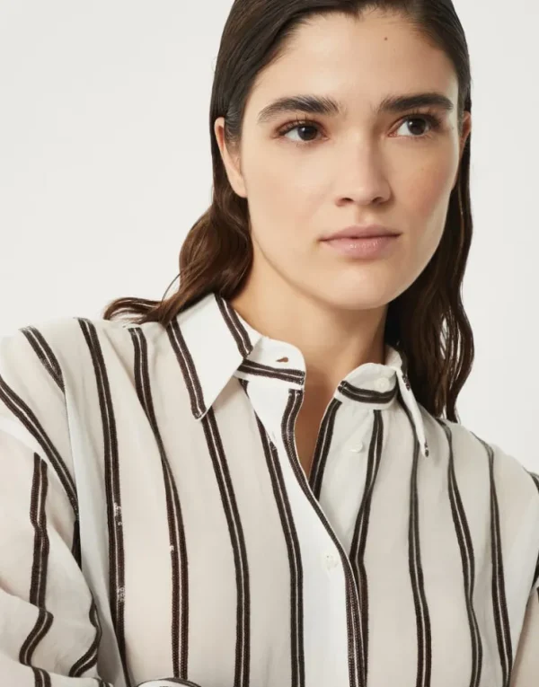 Brunello Cucinelli Bluse aus Baumwollorganza mit Dazzling Stripe Embroidery | Damen Hemden