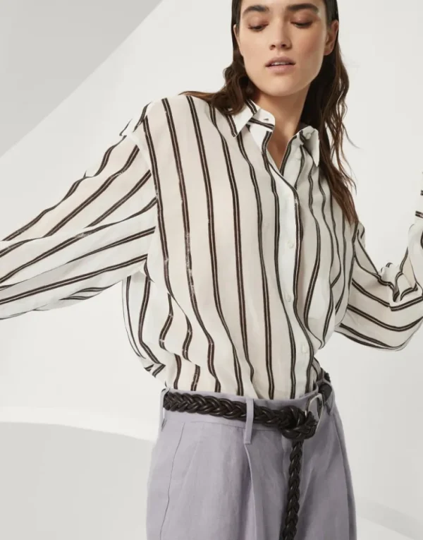 Brunello Cucinelli Bluse aus Baumwollorganza mit Dazzling Stripe Embroidery | Damen Hemden