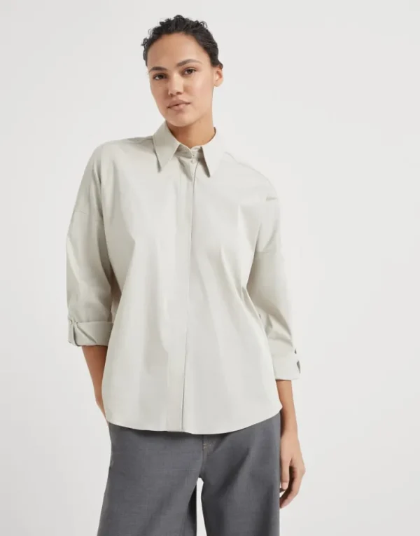 Brunello Cucinelli Bluse aus Baumwollpopeline mit Stretch mit Shiny Trim | Damen Hemden