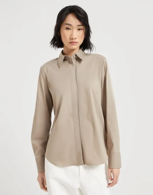 Brunello Cucinelli Bluse aus Baumwollpopeline mit Stretch mit Shiny Trim | Damen Hemden