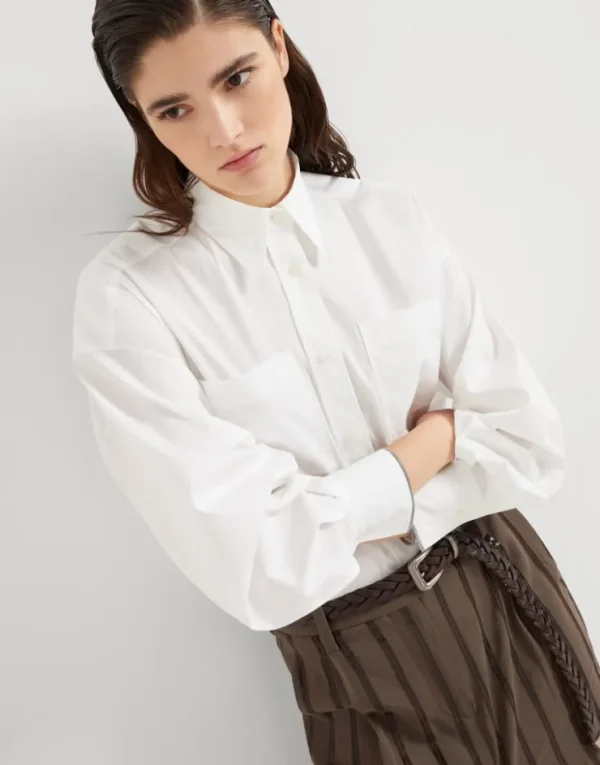 Brunello Cucinelli Bluse aus Baumwollpopeline mit Stretch mit Shiny Cuffs | Damen Hemden