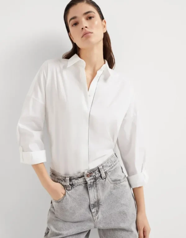 Brunello Cucinelli Bluse aus Baumwollpopeline mit Stretch mit Shiny Trim | Damen Hemden