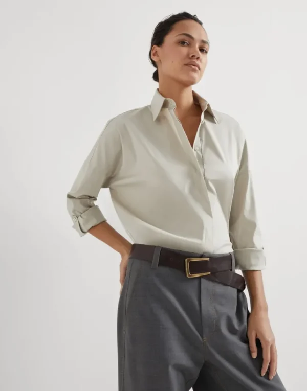 Brunello Cucinelli Bluse aus Baumwollpopeline mit Stretch mit Shiny Trim | Damen Hemden