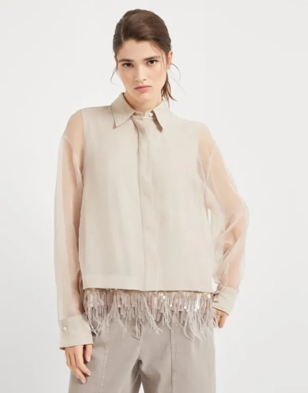 Brunello Cucinelli Bluse aus Crispy-Seide mit abnehmbarem Dazzling Cascade Embroidery-Besatz | Damen Hemden