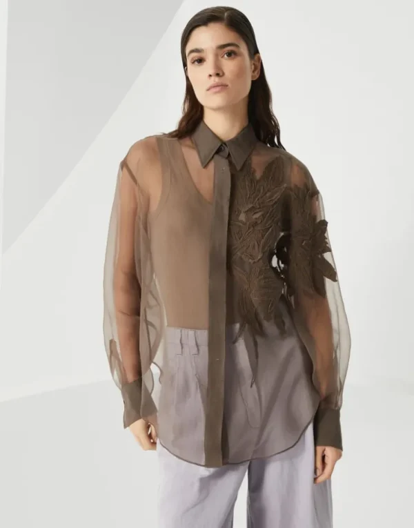 Brunello Cucinelli Bluse aus Crispy-Seide mit Herbarium Appliqué | Damen Hemden