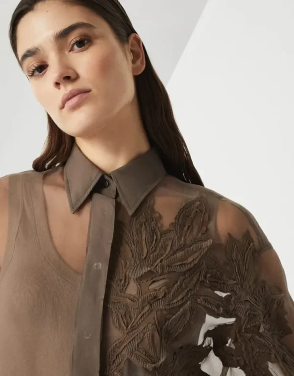 Brunello Cucinelli Bluse aus Crispy-Seide mit Herbarium Appliqué | Damen Hemden