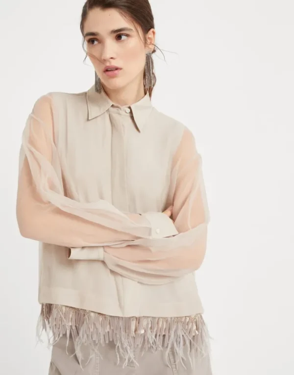 Brunello Cucinelli Bluse aus Crispy-Seide mit abnehmbarem Dazzling Cascade Embroidery-Besatz | Damen Hemden